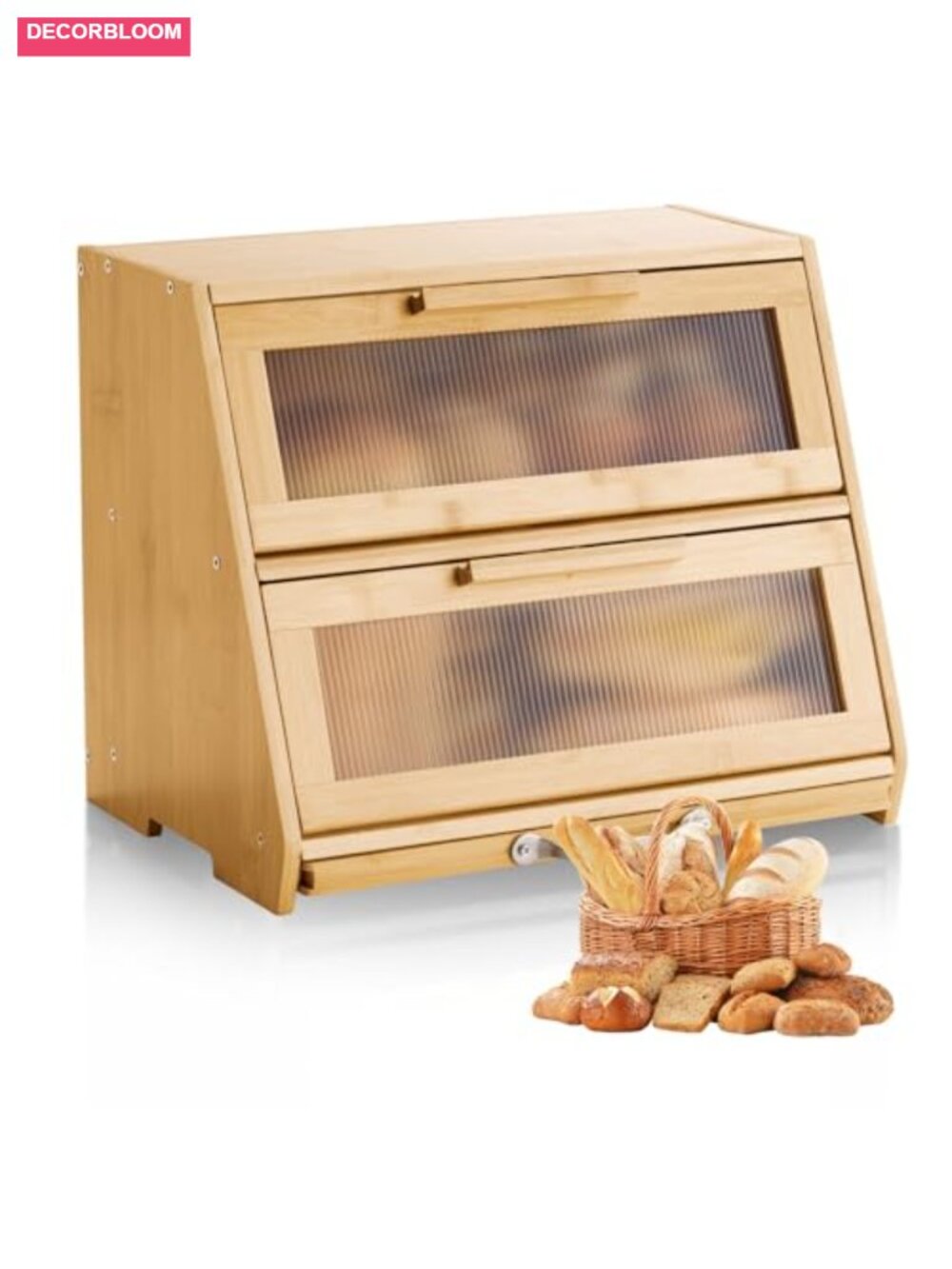 Double Layer Bamboo Bread Box with Acrylic Door, Cutting Board & Knife